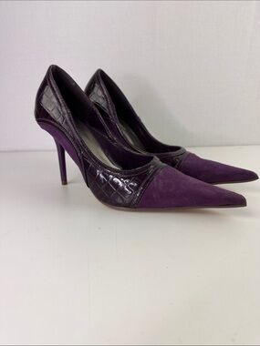 Michael Antonio Purple Pointed Toe Suede & Croc-Embossed Pumps